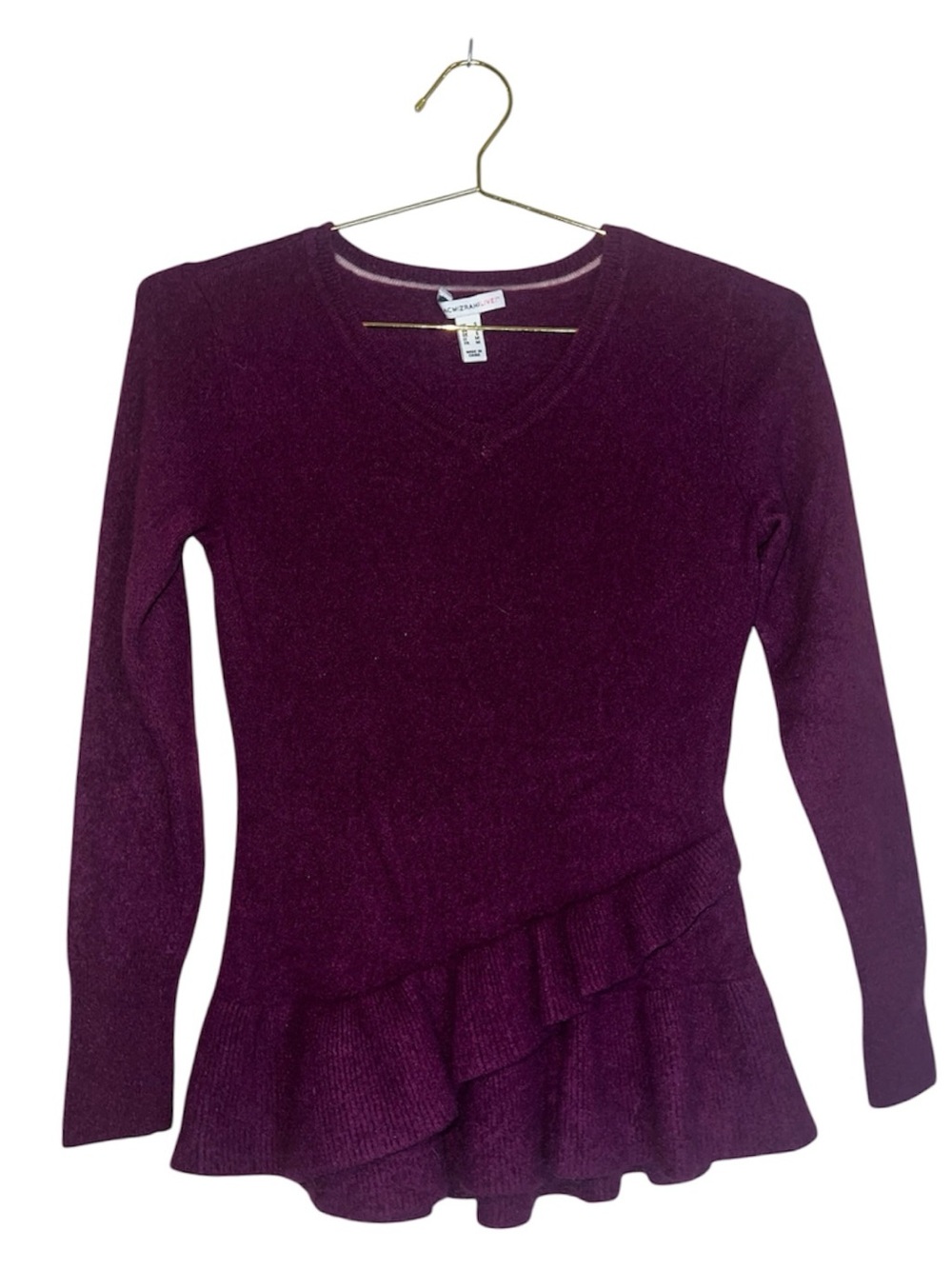 Isaac Mizrahi Women's Plum Cashmere V-Neck Ruffle Ruffle Peplum Hem Sweater Sz S